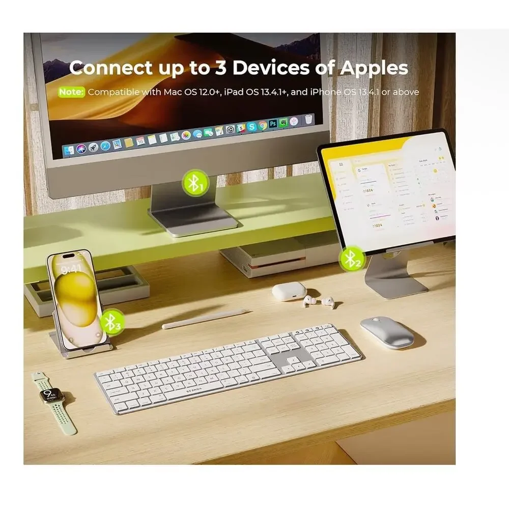 seenda COS500 Bluetooth Keyboard and Mouse, Slim, White/Silver Rechargeable